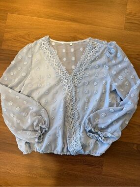 Light Blue Lace-Trim Swiss Dot Blouse